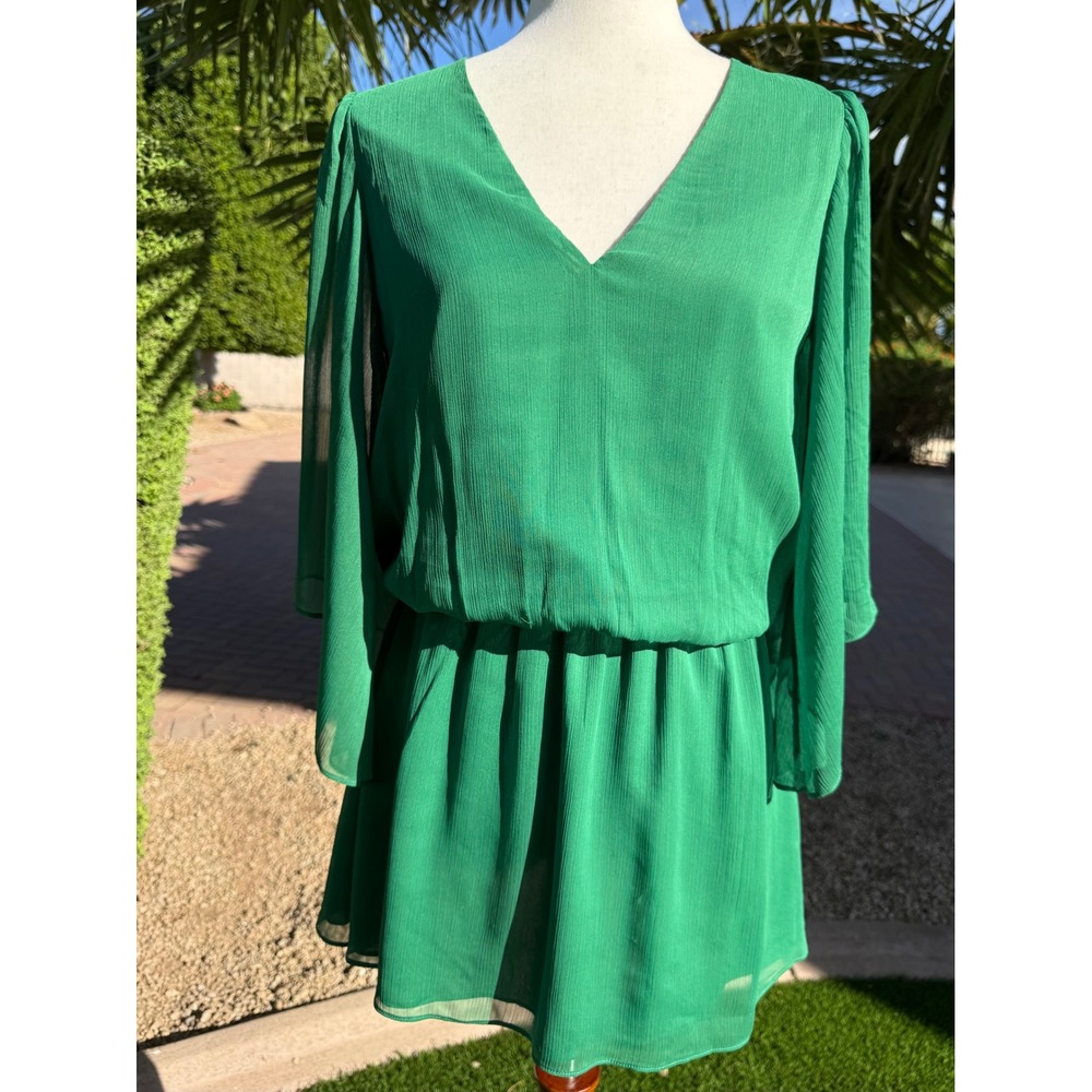 Alice + Olivia Lyla Pleated Chiffon Green V-Neck Bell Sleeve Mini Dress XS